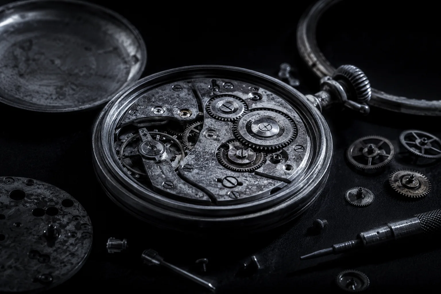 Esfera de reloj vintage en proceso de restauración con caja pulida sobre paño oscuro